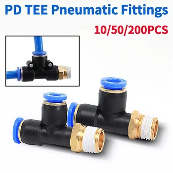3-контактный пневматический соединитель PD: Т-образный воздушный фитинг для шланговых трубок 4 мм 6 8 10 12 мм с наружной резьбой 1/4 дюйма 1/8 дюйма 3/8 дюйма 1/2 дюйма BSPT