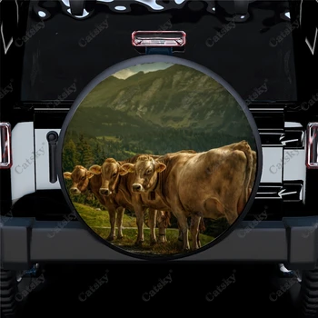  Animal Cows Grassland Print Автомобильный чехол для запасного колеса Водонепроницаемый протектор колеса для автомобиля Грузовик Внедорожник Кемпер Прицеп Rv 14-17 дюймов