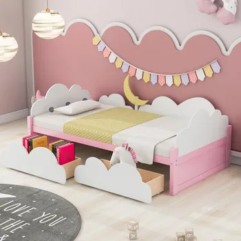 Каркас детской двуспальной кровати, каркас кровати из массива дерева с украшениями в виде облаков и луны, 2 ящика для хранения, мультяшная низкая рама кровати