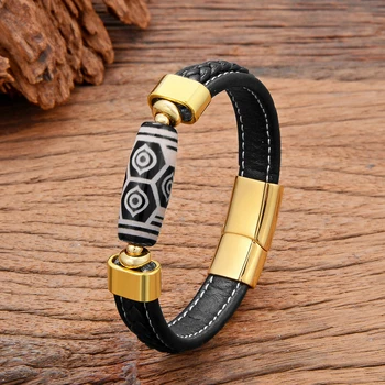 Натуральный тибетский камень DZi Мужской браслет Пряжка из нержавеющей стали Модные подходящие браслеты для мужчин и женщин Роскошные дизайнерские ювелирные изделия