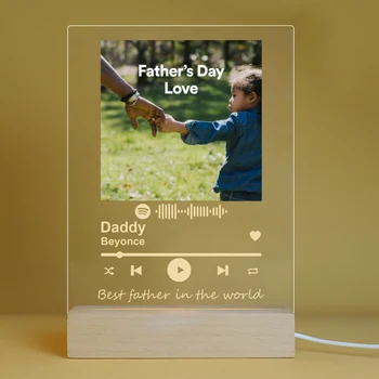 Подарок на День отца Персонализированная акриловая доска с фотопечатью со светодиодной деревянной основой USB Light Пользовательский код Spotify
