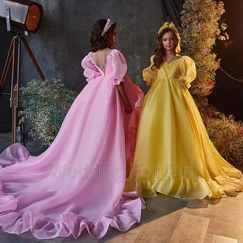 Пышная органза Hi-Low Цветочные платья для девочек с поездом Детские платья для вечеринок Детские слои Платье принцессы Милые юбки для первого причастия