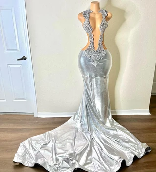  Сексуальные прозрачные серебряные длинные выпускные платья русалки 2023 года Роскошные женские вечерние платья из бисера на выпускной вечер